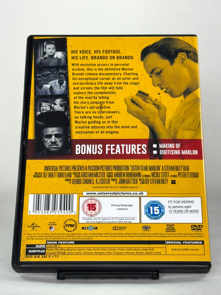 Bakside av DVD-cover til dokumentaren Listen to Me Marlon – brukt originalfilm på DVD, unike dokumentarer og klassiske filmer hos Brukbar Film