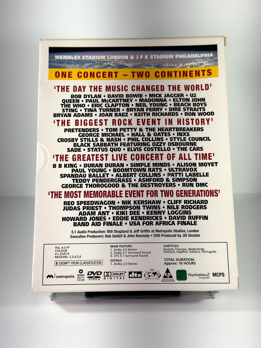 Bakside av cover til Live Aid 1985, bruktfilm på DVD hos Brukbar Film