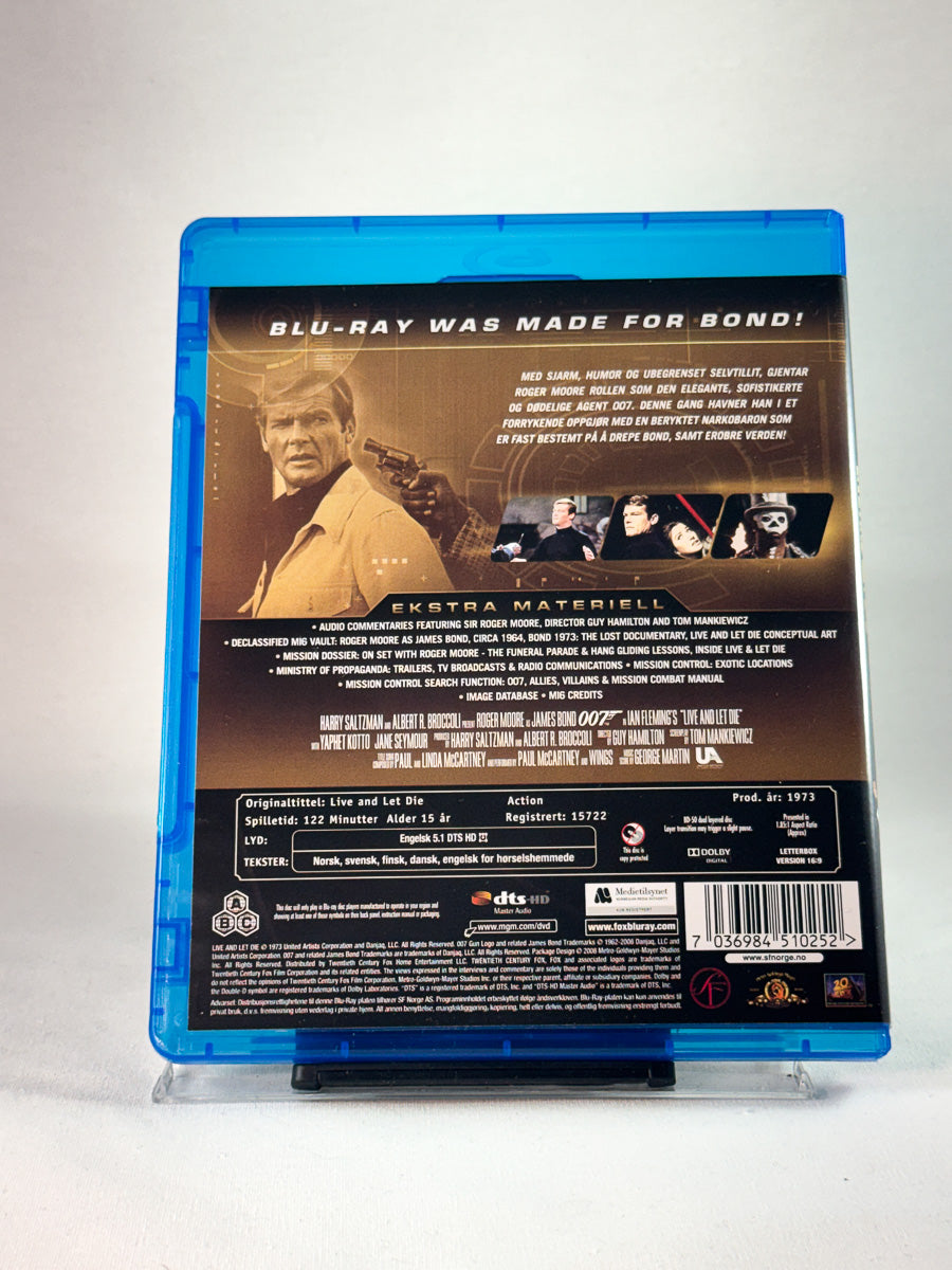 Bakside av cover til Live and Let Die, brukt Blu-ray-utgivelse hos Brukbar Film