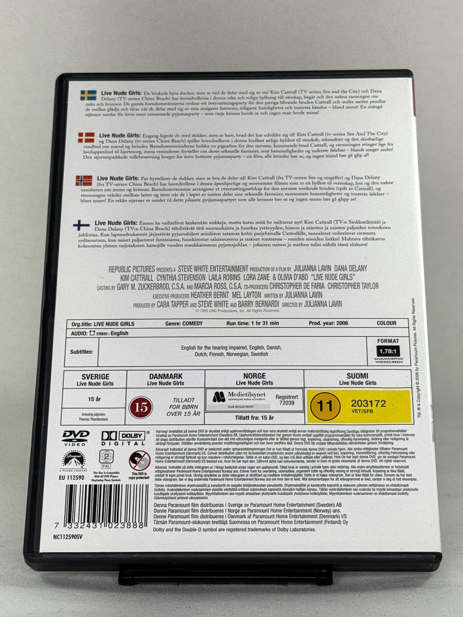 Bakside av brukt DVD Live Nude Girls – erotisk komedie med kjente skuespillere, komplett filmomslag hos Brukbar Film