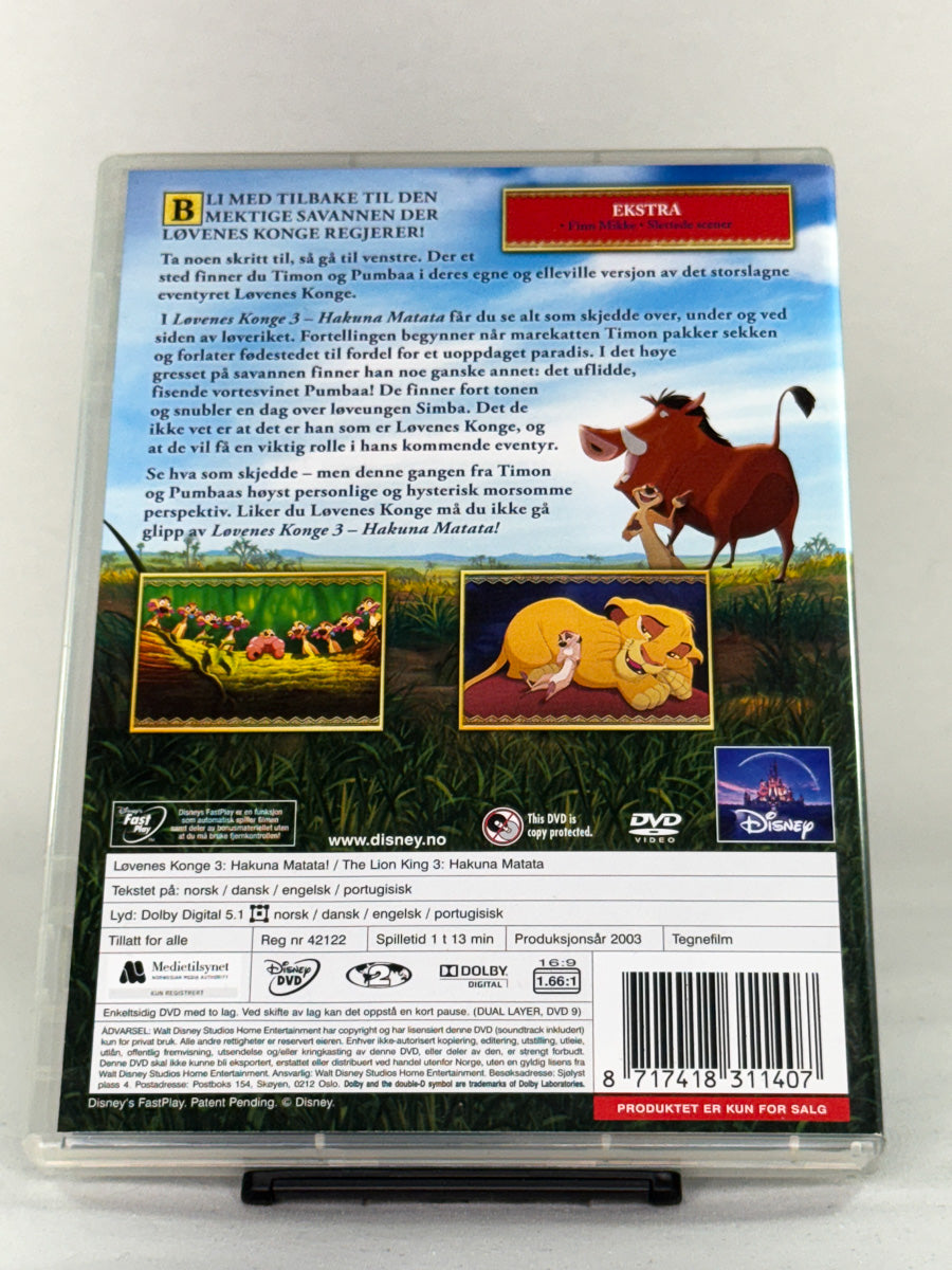 DVD-bakside til filmen Løvenes konge 3: Hakuna Matata
Baksiden viser info, spesifikasjoner og eventuell ekstratekst – produktbilde fra nettbutikken Brukbar Film