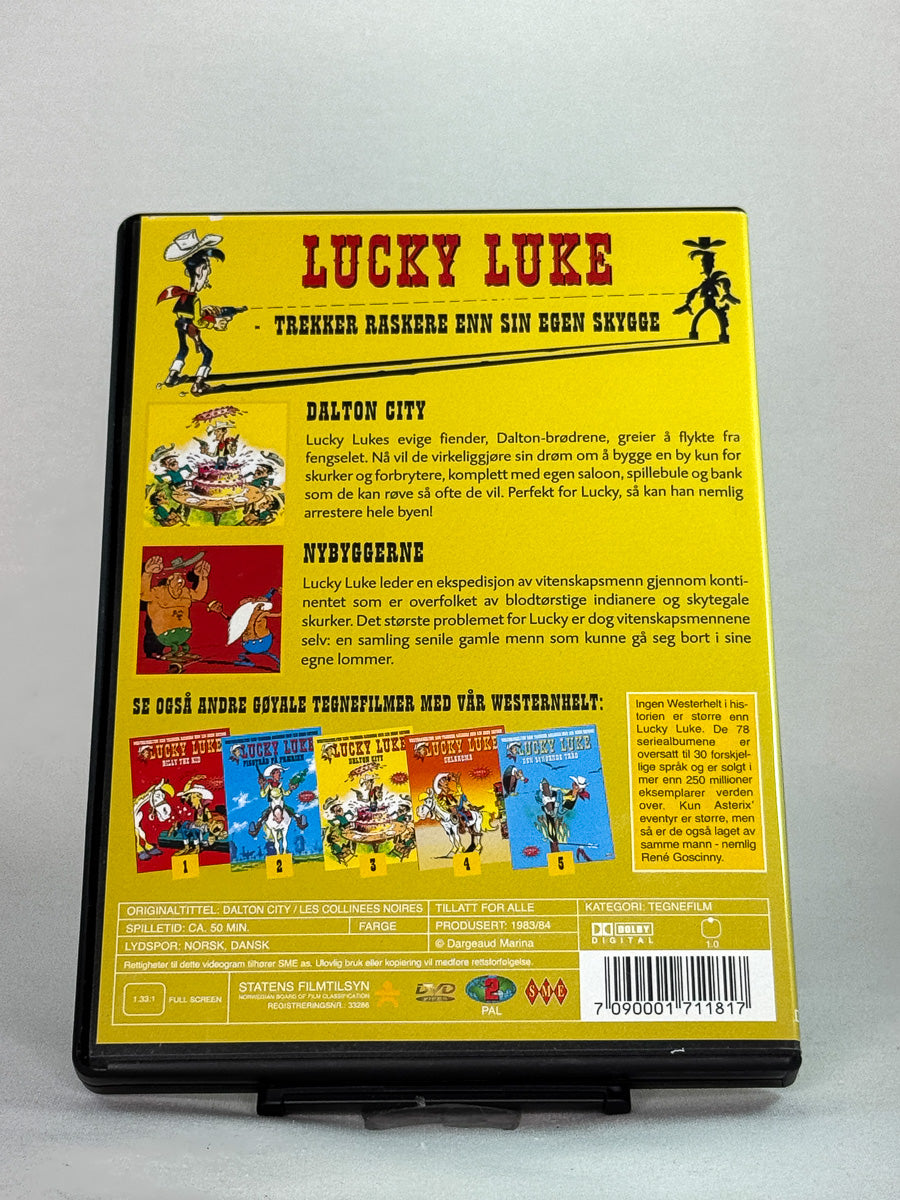 Bakside av DVD-cover for Lucky Luke – Dalton City – brukt DVD-film; språk og spilletid synlig, Brukbar Film.
