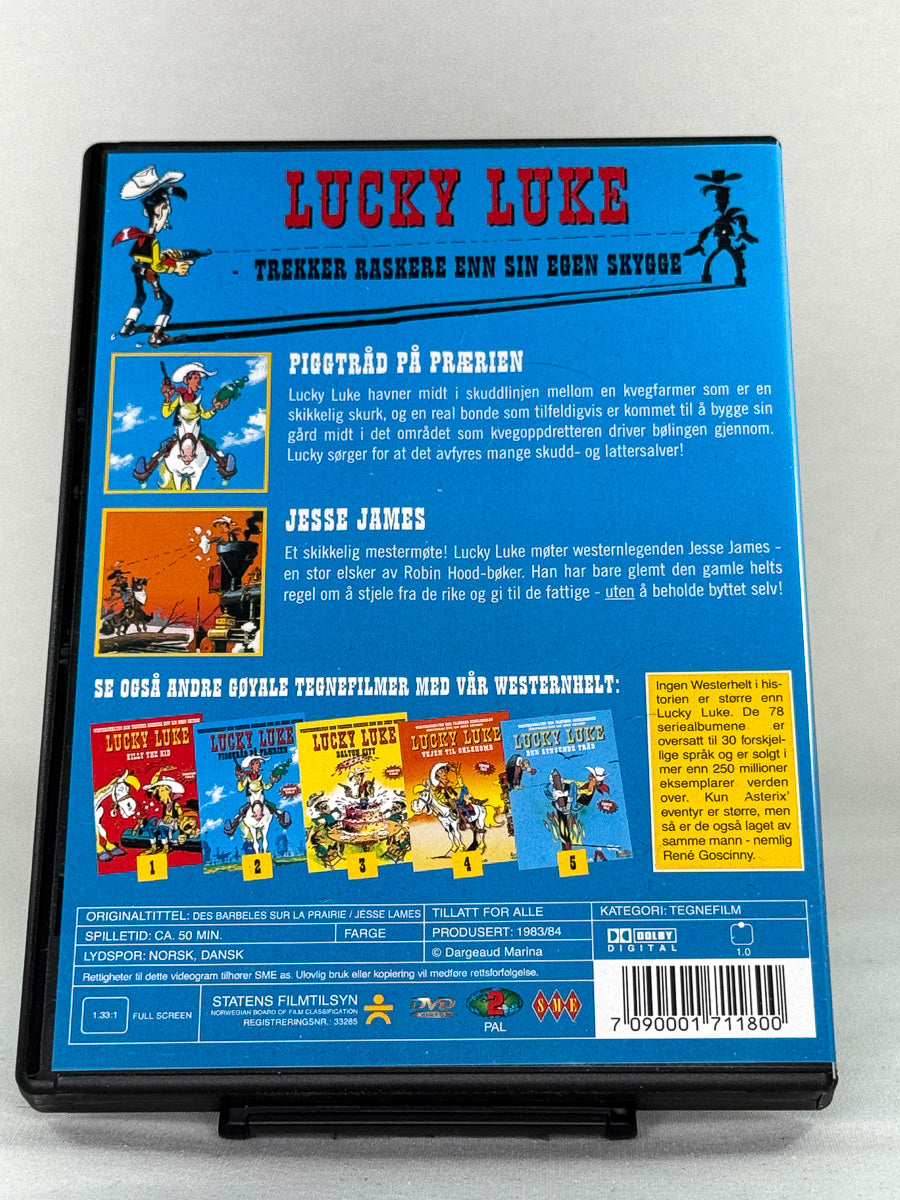 Bakside av DVD-cover for Lucky Luke – Piggtråd på prærien – brukt tegnefilm; spesifikasjoner og omtale.