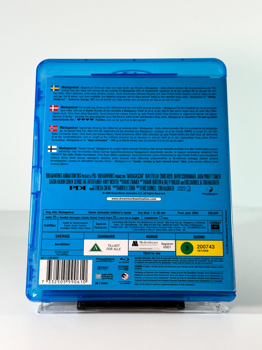 Bakside av cover til Madagaskar på Blu-ray, brukt hos Brukbar Film