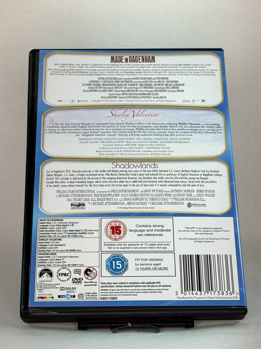 Bakside av DVD-cover til Made in Dagenham / Shirley Valentine / Shadowlands – filmtrippel med sterke kvinneskikkelser og gripende historier, brukt originalfilm hos Brukbar Film.