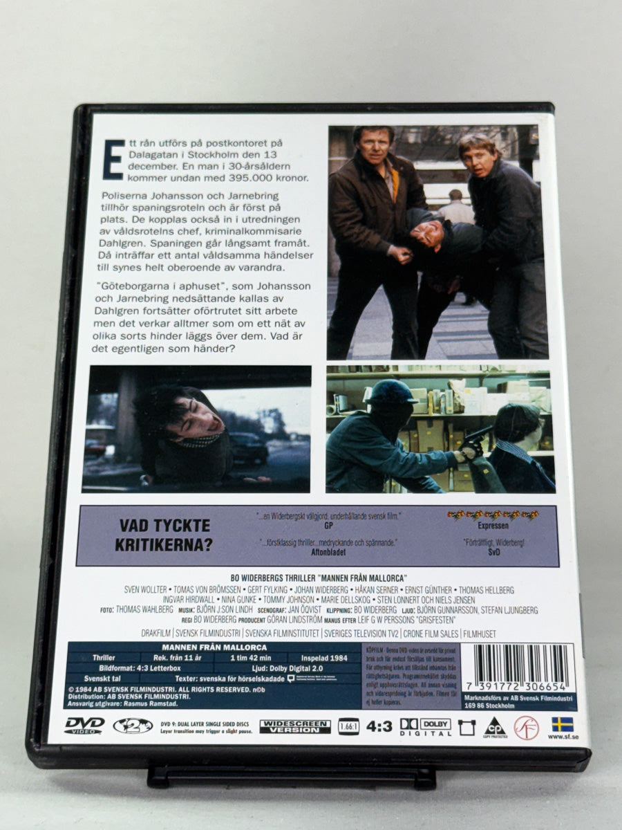 Bakside av DVD-cover for Mannen från Mallorca, brukt DVD tilgjengelig hos Brukbar Film.