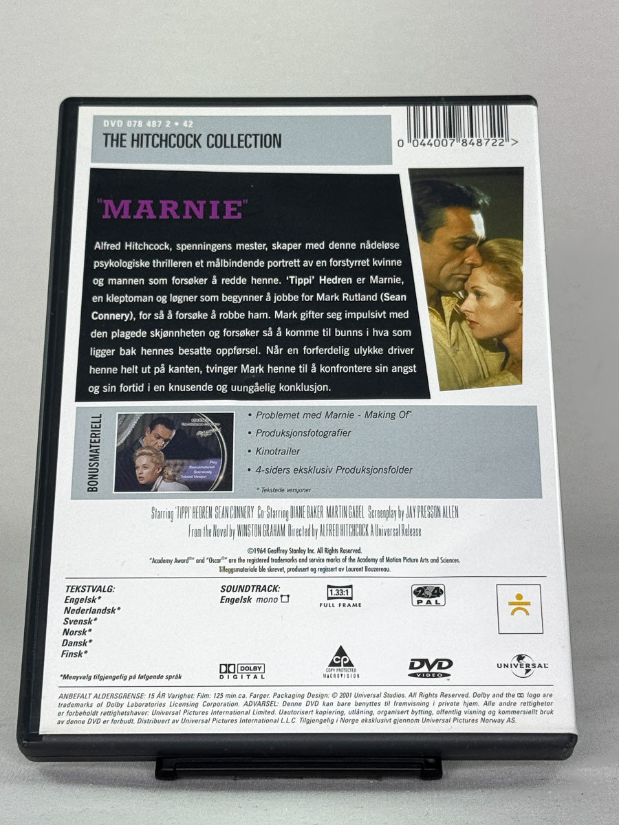 Bakside av DVD-cover for filmen Marnie – brukt originalfilm på DVD, klassiker av Alfred Hitchcock, hos Brukbar Film
