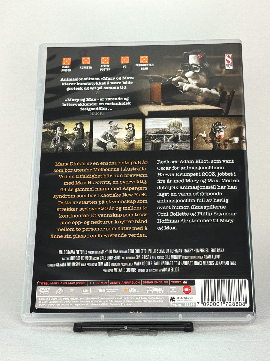 Bakside av DVD-cover for Mary og Max – brukt original animasjonsfilm for voksne, basert på en sann historie, tilgjengelig hos Brukbar Film