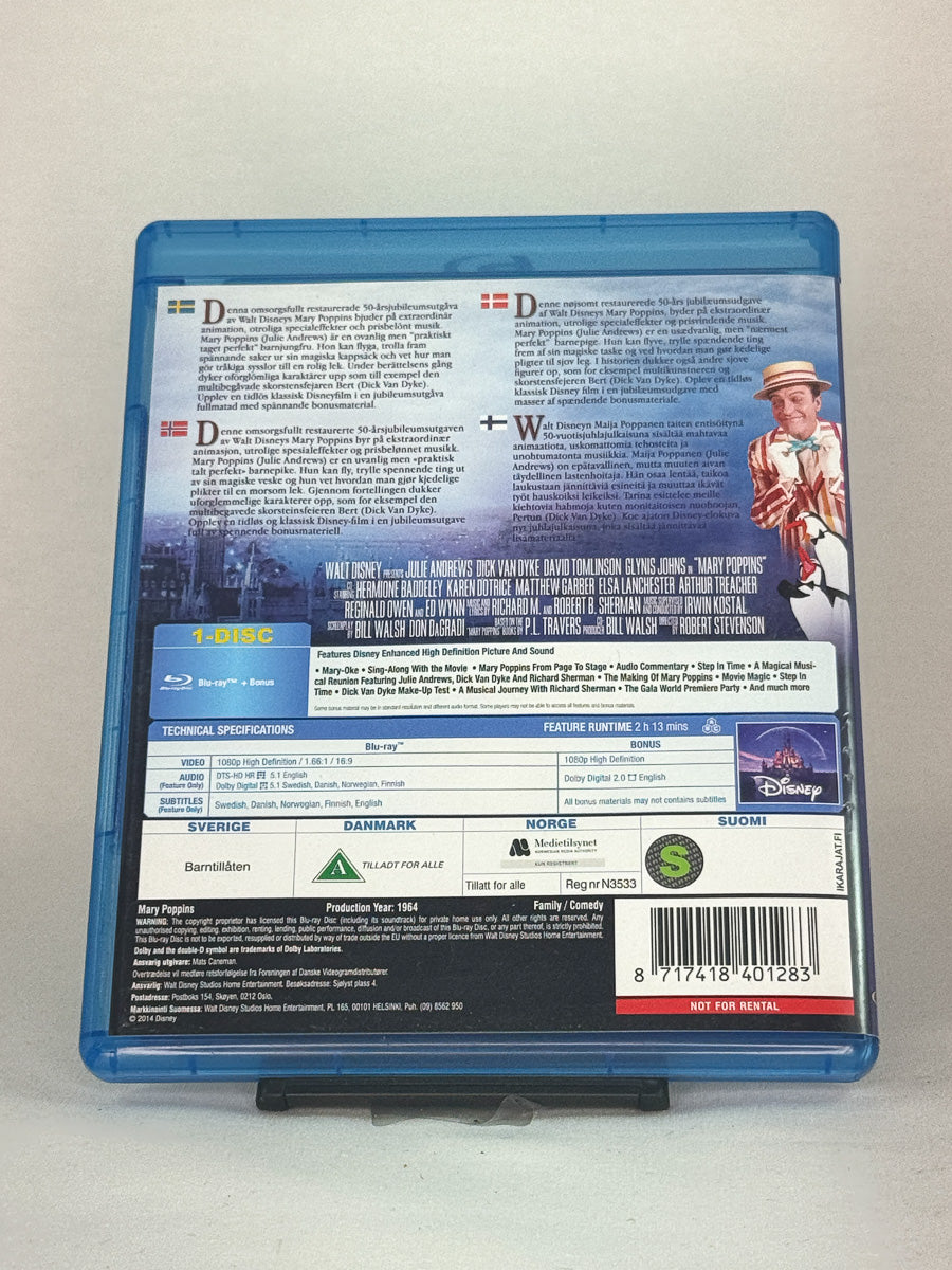 Bakside av Blu-ray-cover for Mary Poppins – 50th Anniversary Edition – klassisk utgave med omtale og bonusmateriale, brukt film hos Brukbar Film.