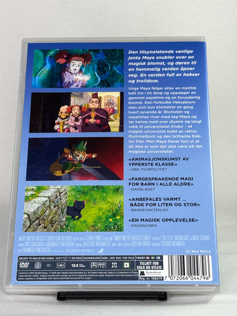 Bakside av DVD-cover for filmen Maya og Hekseblomsten – brukt originalfilm på DVD, tilgjengelig hos Brukbar Film