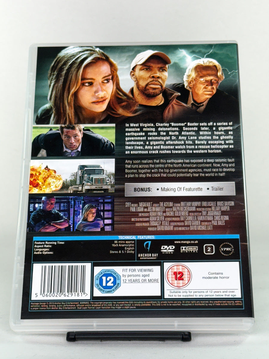 Bakside av DVD-coveret til MegaFault – katastrofefilm/action, spesifikasjoner og innhold, brukt DVD fra Brukbar Film
