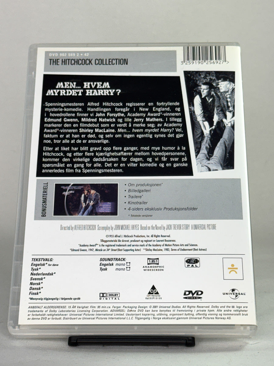Bakside av DVD-cover for filmen Men... Hvem myrdet Harry? – brukt originalfilm på DVD, klassisk Hitchcock-komedie, hos Brukbar Film
