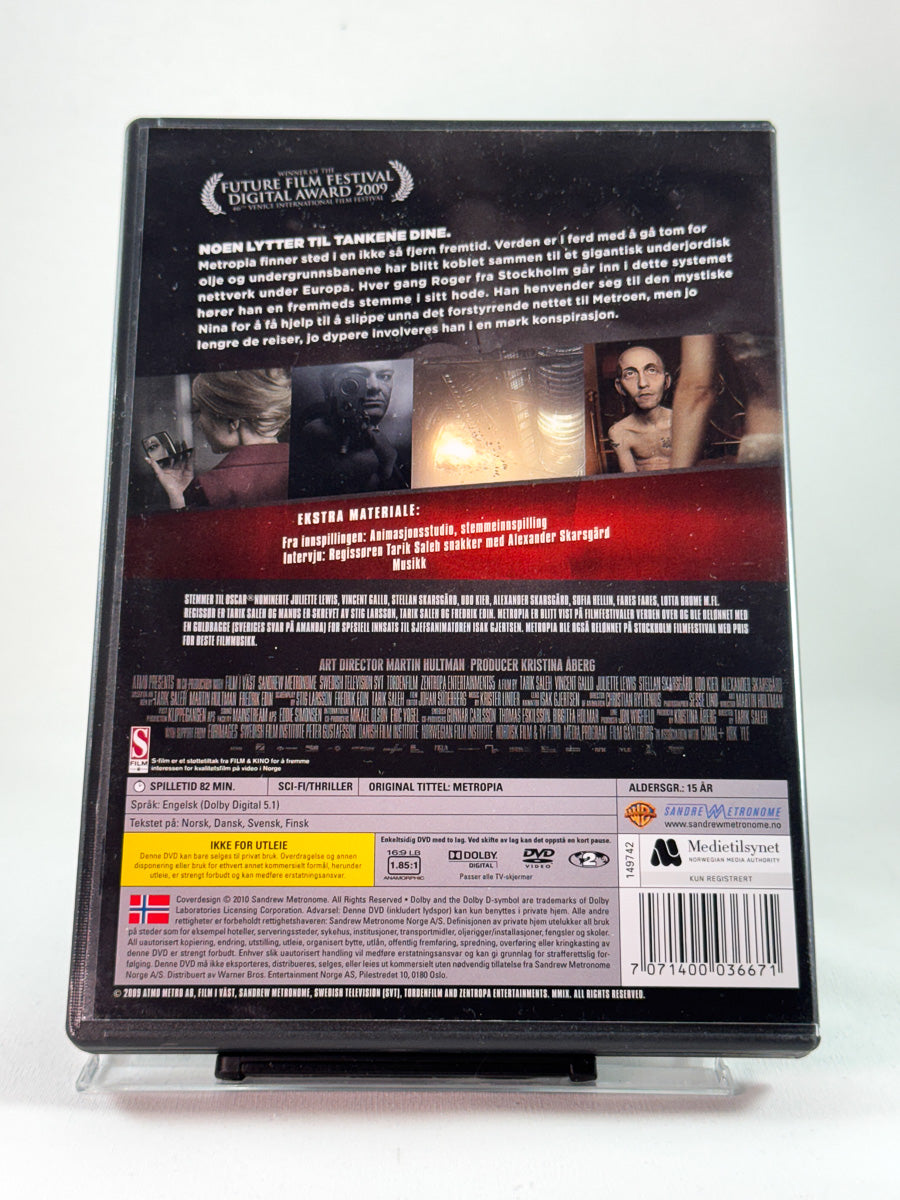 Bakside av DVD-cover til Metropia, brukt DVD hos Brukbar Film