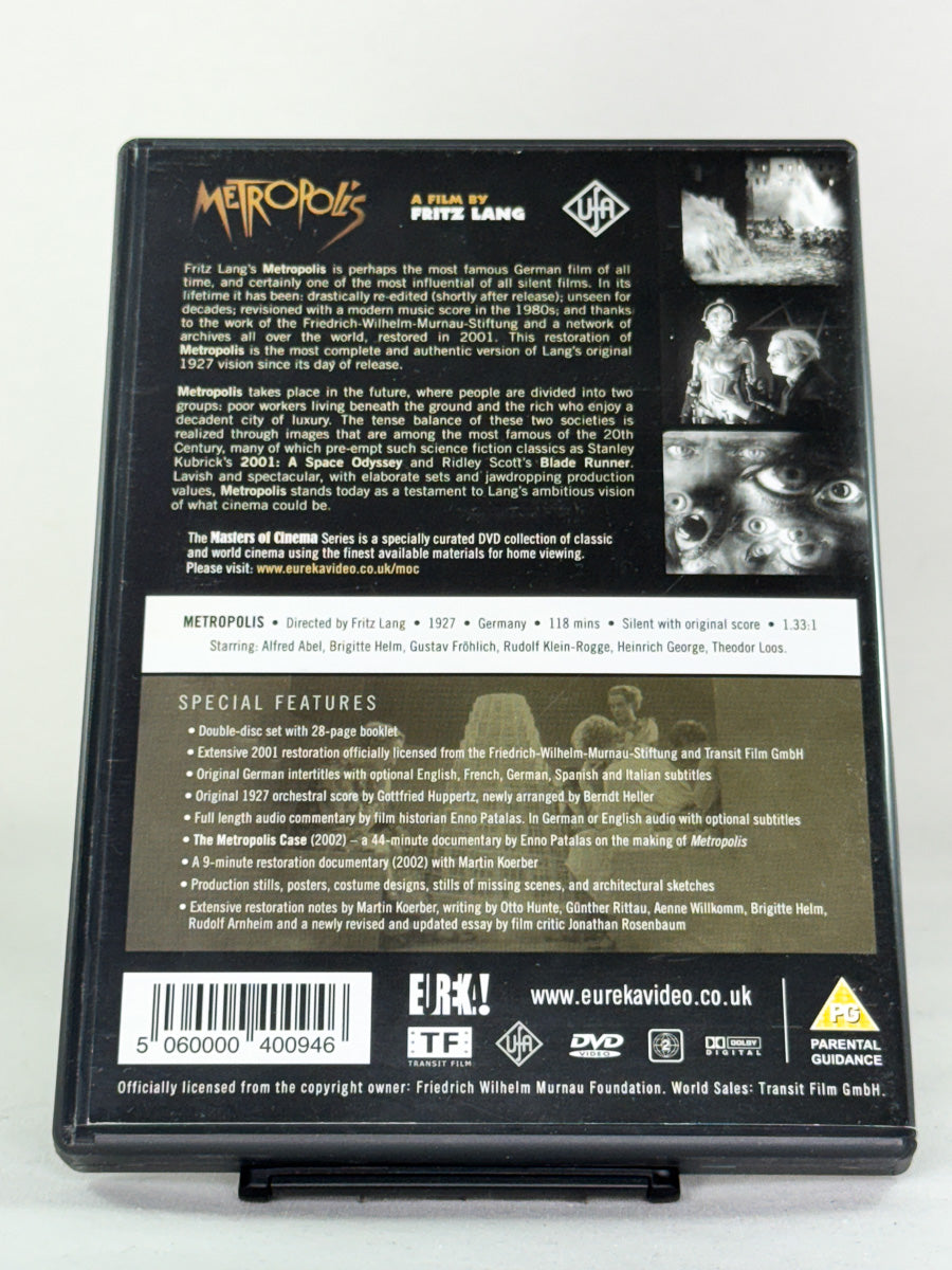 DVD-bakside til filmen Metropolis
Baksiden viser info, spesifikasjoner og eventuell ekstratekst – produktbilde fra nettbutikken Brukbar Film