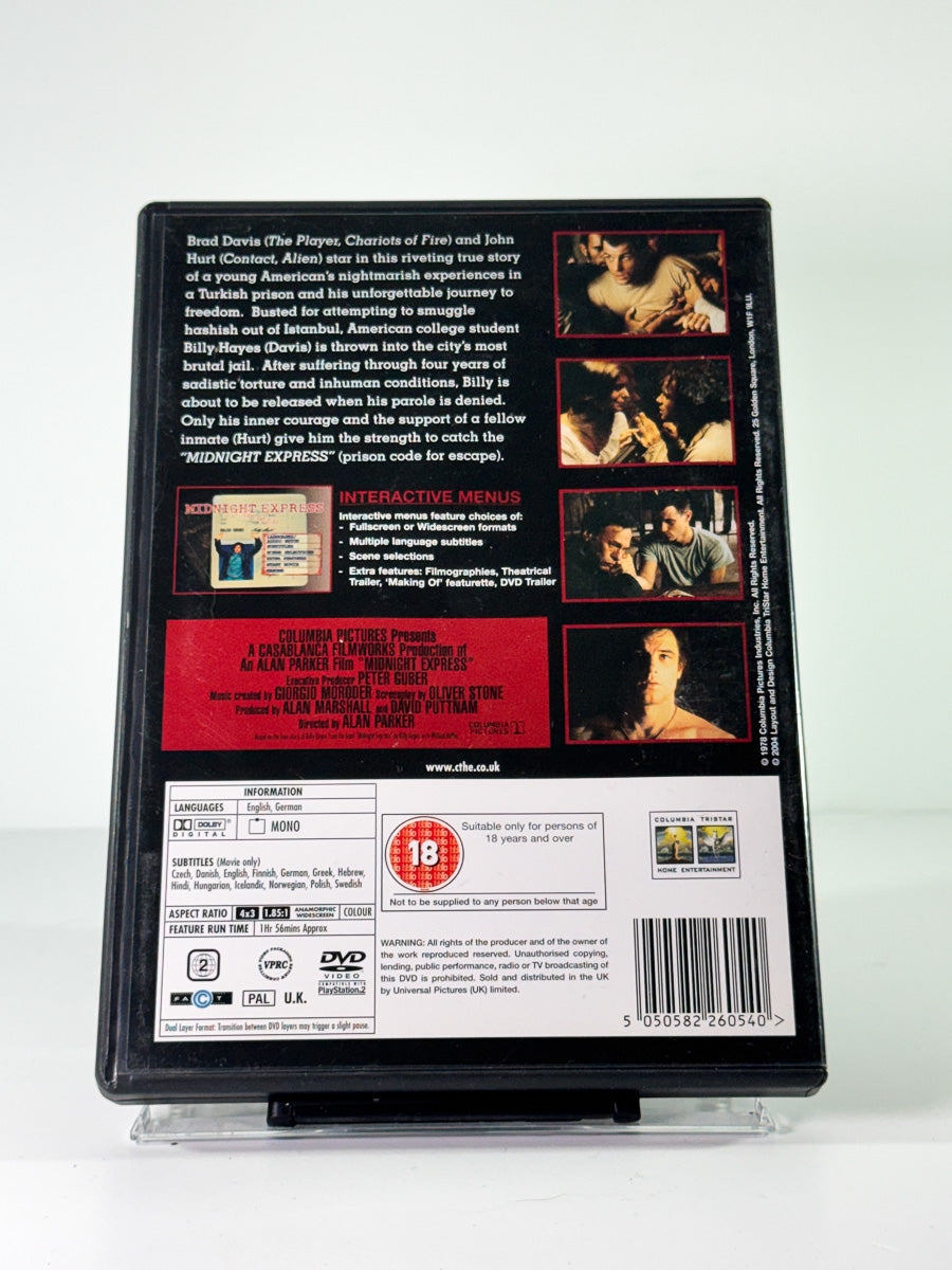 Bakside av cover til midnight express, brukt DVD hos Brukbar Film