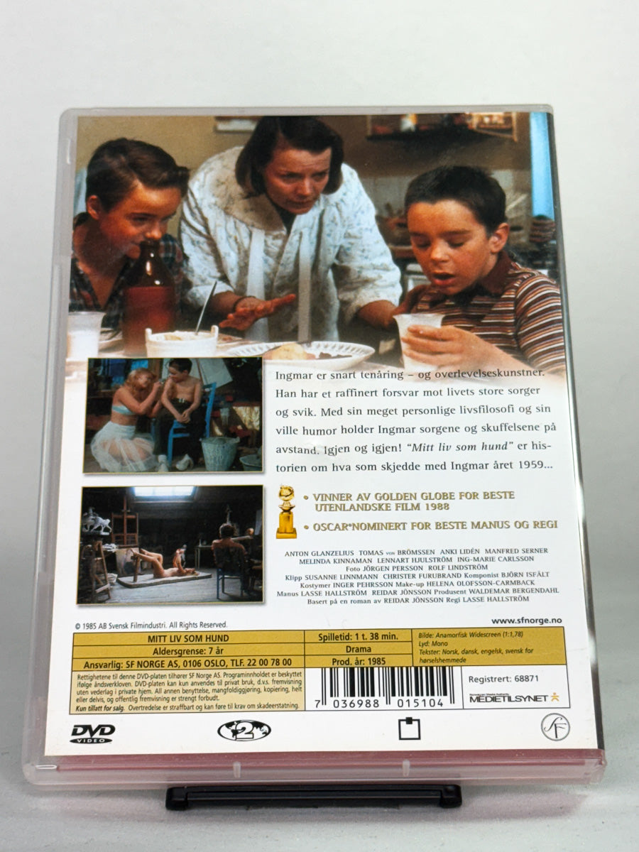 DVD-bakside til filmen Mitt liv som hund
Baksiden viser info, spesifikasjoner og eventuell ekstratekst – produktbilde fra nettbutikken Brukbar Film