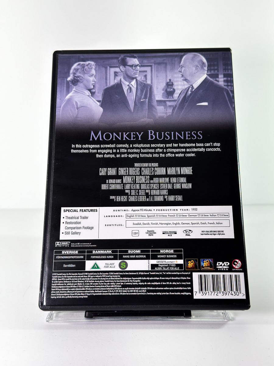 Bakside av cover til Monkey Business, brukt original DVD hos Brukbar Film