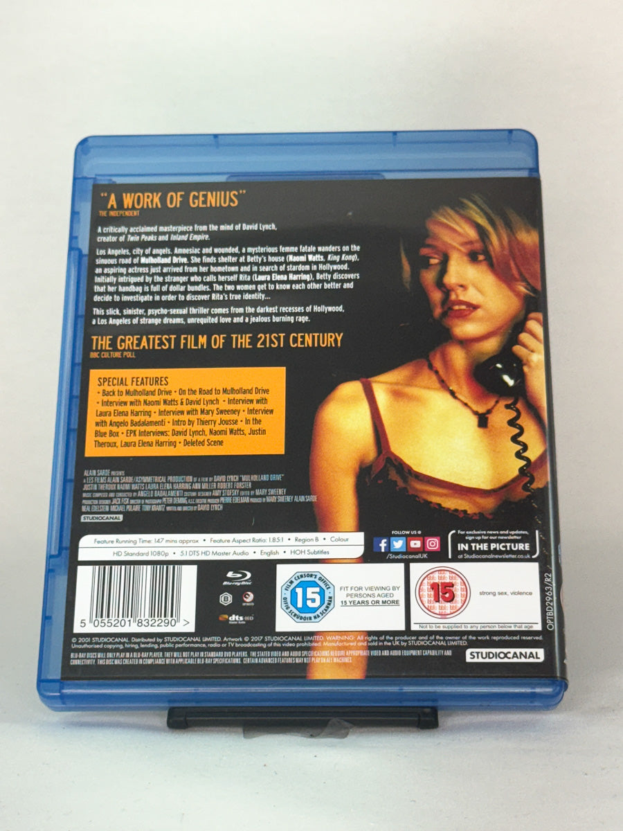Bakside av Blu-ray-cover for Mulholland Drive – brukt thriller på Blu-ray, tilgjengelig hos Brukbar Film