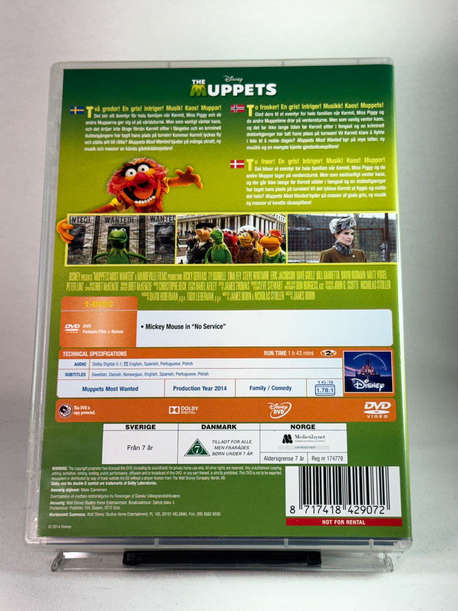 Bakside av DVD-cover til Muppets Most Wanted, bruktfilm hos nettbutikken Brukbar Film