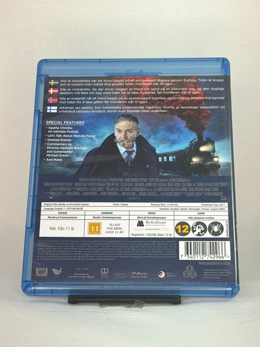 Bakside av Blu-ray-cover til Murder on the Orient Express – klassisk krimdrama i luksustogets kulisser, second hand Blu-ray-film fra Brukbar Film.