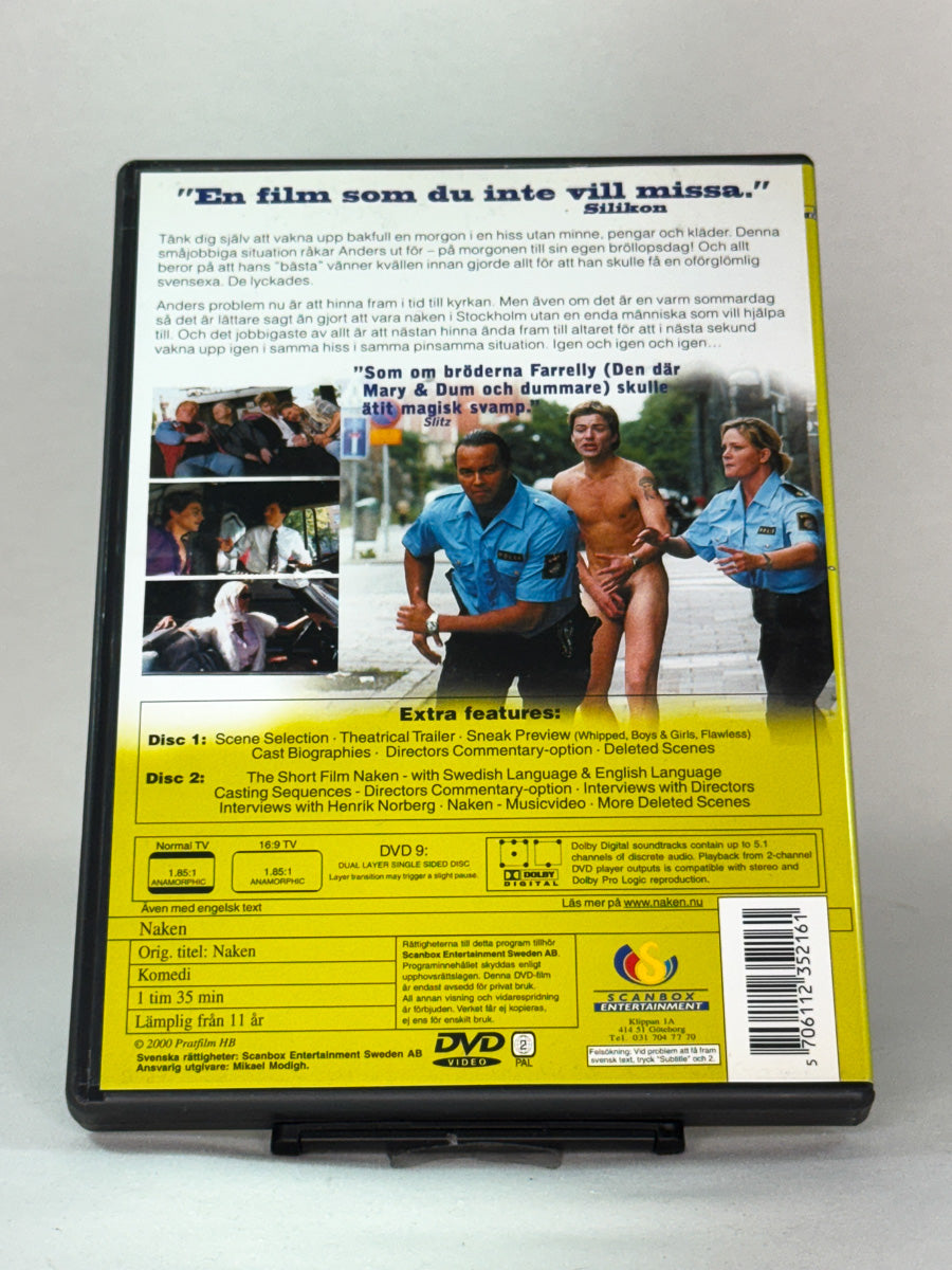 Bakside av DVD-cover til Naken – brukt svensk filmkomedie, kjøp original DVD hos Brukbar Film