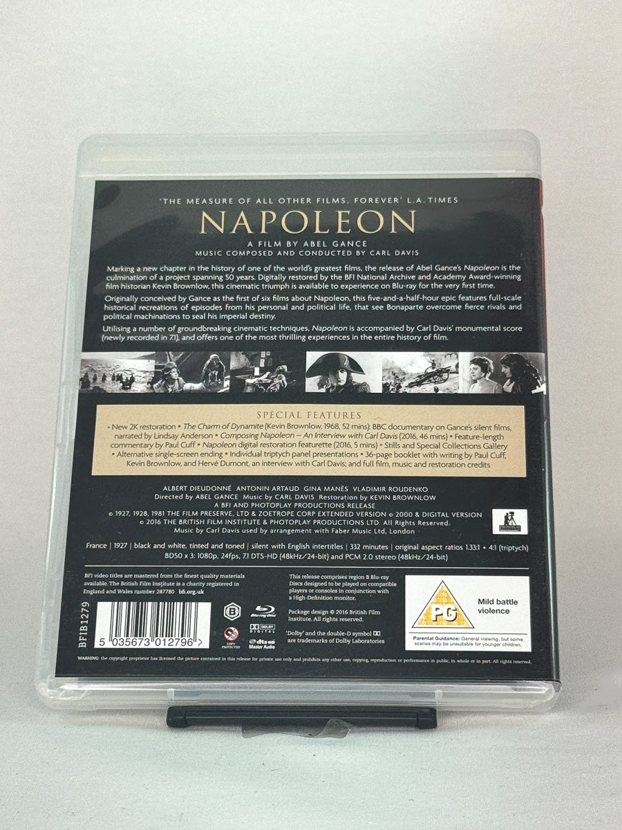 Bakside av Blu-ray-cover til Napoleon – filmhistorisk klassiker med musikk av Carl Davis, restaurert 3-disc-sett hos Brukbar Film.