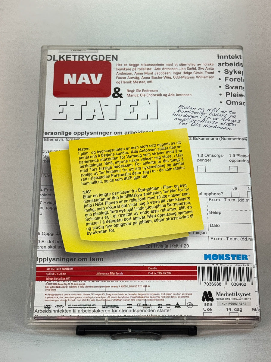 Bakside av DVD-cover til NAV – Etaten – fire plater med alle episodene av Ole Endresens satiriske kultserie, brukt originalutgave på DVD hos Brukbar Film.