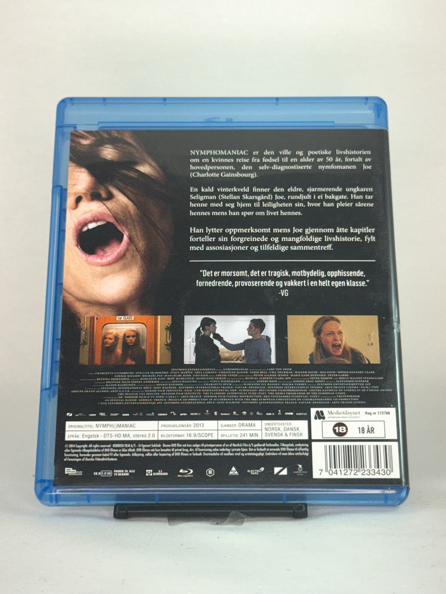 Bakside av Blu-ray-cover for filmen Nymphomaniac – brukt originalfilm på Blu-ray, tilgjengelig hos Brukbar Film