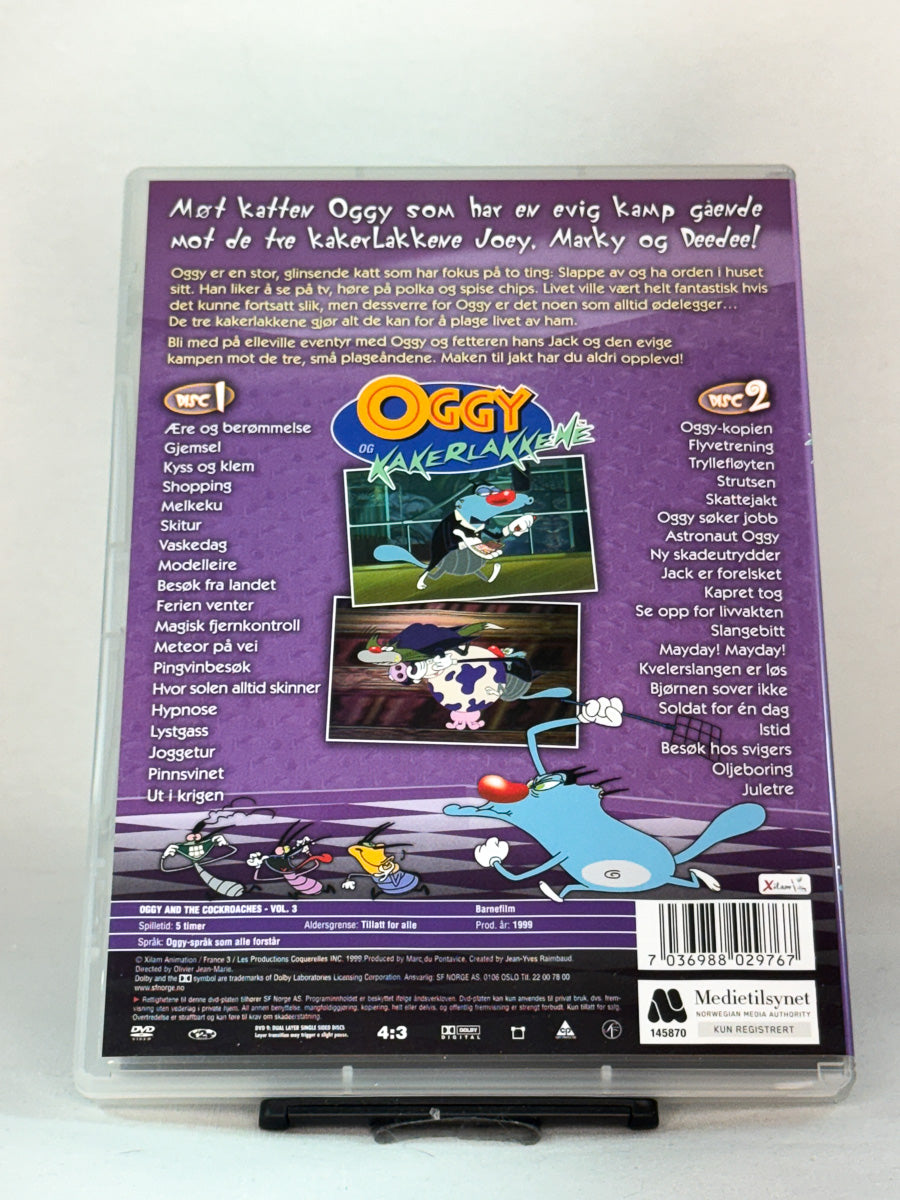 Bakside av DVD-cover til Oggy og kakerlakkene Vol. 3 – sprell og latter i denne samlingen med fem timer tegnefilm, brukt originalfilm hos Brukbar Film.