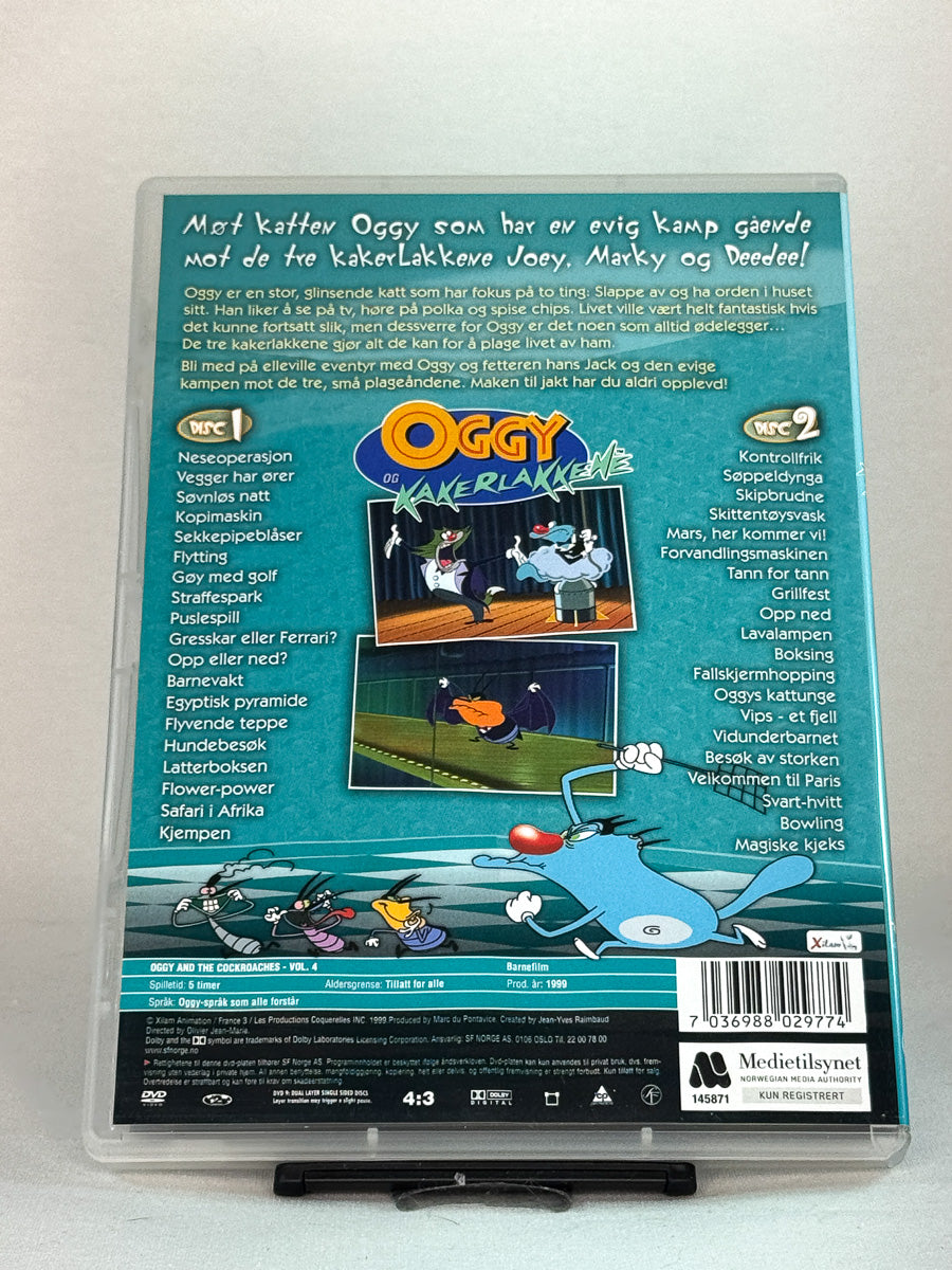 Bakside av DVD-cover til Oggy og kakerlakkene Vol. 4 – hysterisk morsomt animasjonskaos med Oggy og de rampete kakerlakkene, brukt barnefilm hos Brukbar Film.