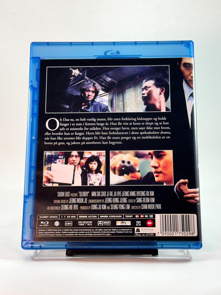 Oldboy – bakside av Blu-ray-cover, ikonisk hevnthriller, bruktfilm hos Brukbar Film