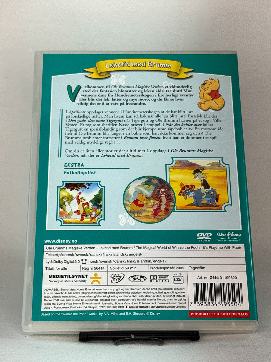Bakside av DVD-cover til Ole Brumm – Magiske verden: Leketid med Brumm – klassisk Disney-barnefilm med norsk tale, brukt originalutgave hos Brukbar Film.
