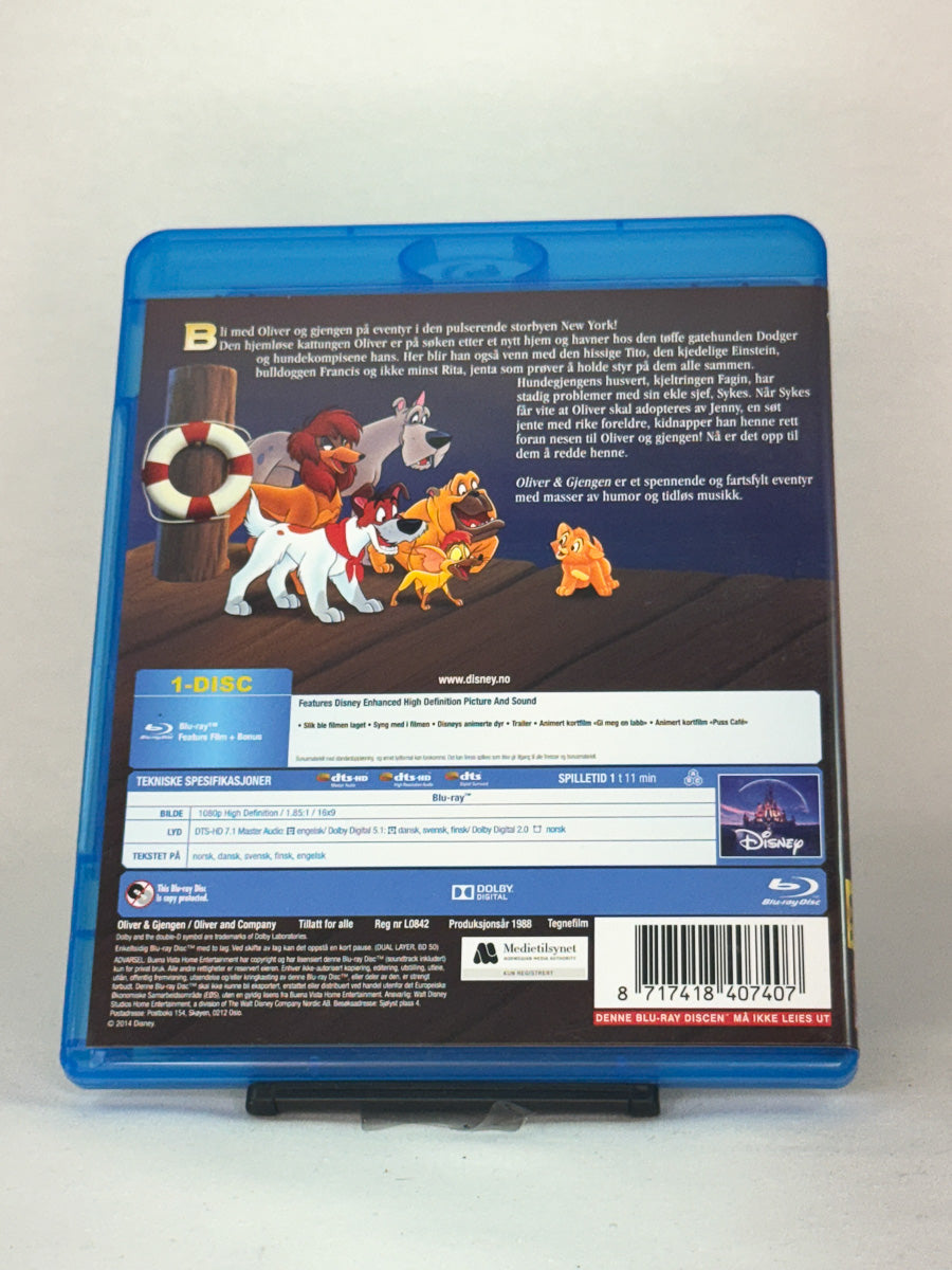 Bakside av Blu-ray-cover for Oliver & gjengen – brukt original Disney-film på Blu-ray, kjøp hos Brukbar Film
