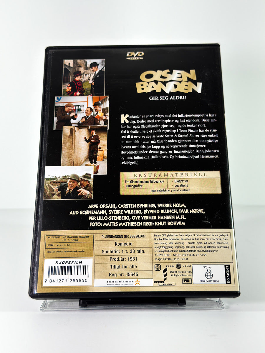 Bakside av cover til Olsenbanden gir seg aldri på DVD