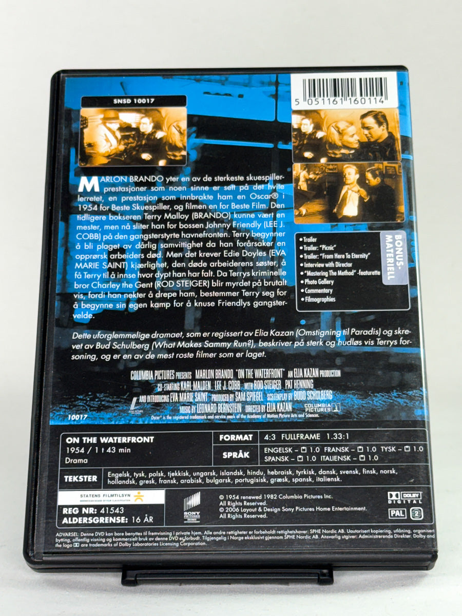 DVD-cover-bakside til filmen On the Waterfront – Brukt DVD fra nettbutikken Brukbar Film