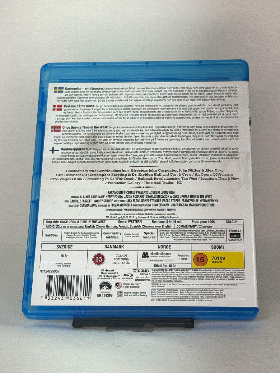 Bakside av Blu-ray-cover til Once Upon a Time in the West – episk spaghettiwestern fra 60-tallet, second hand Blu-ray-film fra Brukbar Film.