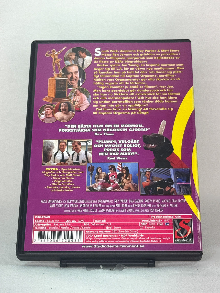 Bakside av brukt DVD Orgazmo – kultkomedie med satirisk preg, komplett cover fra Brukbar Film