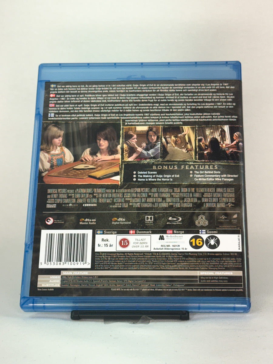 Bakside av Blu-ray-cover til Ouija: Origin of Evil – uhyggelig og stemningsfull oppfølger fra regissør Mike Flanagan, brukt Blu-ray hos Brukbar Film.