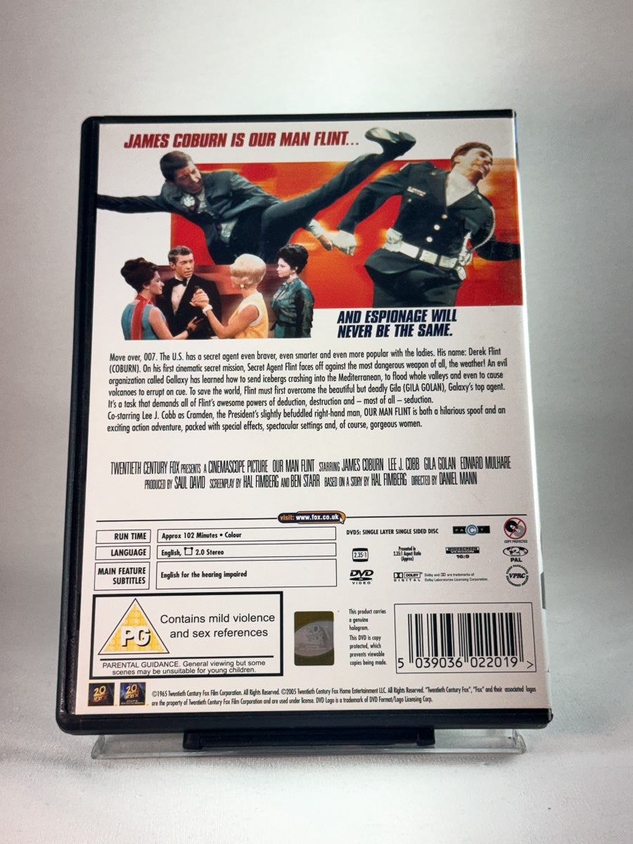 Bakside av cover til Our Man Flint, bruktfilm på DVD hos Brukbar Film
