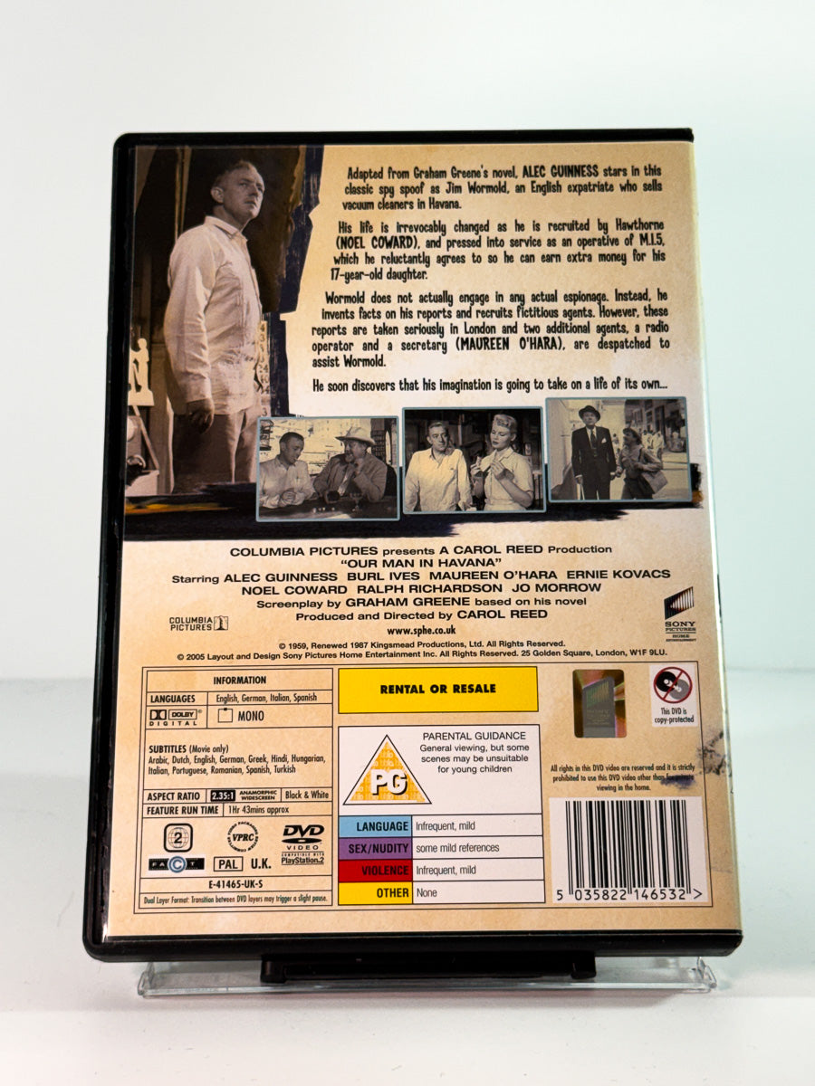 Bakside av cover til our man in havana, bruktfilm hos nettbutikken Brukbar Film