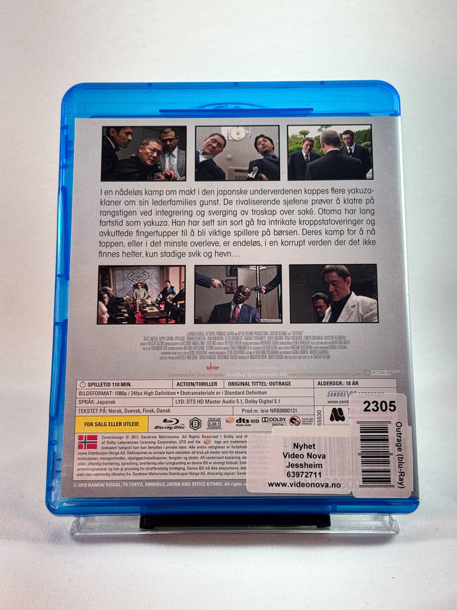 Outrage – bakside av Blu-ray-cover, rå yakuza-thriller, bruktfilm hos Brukbar Film