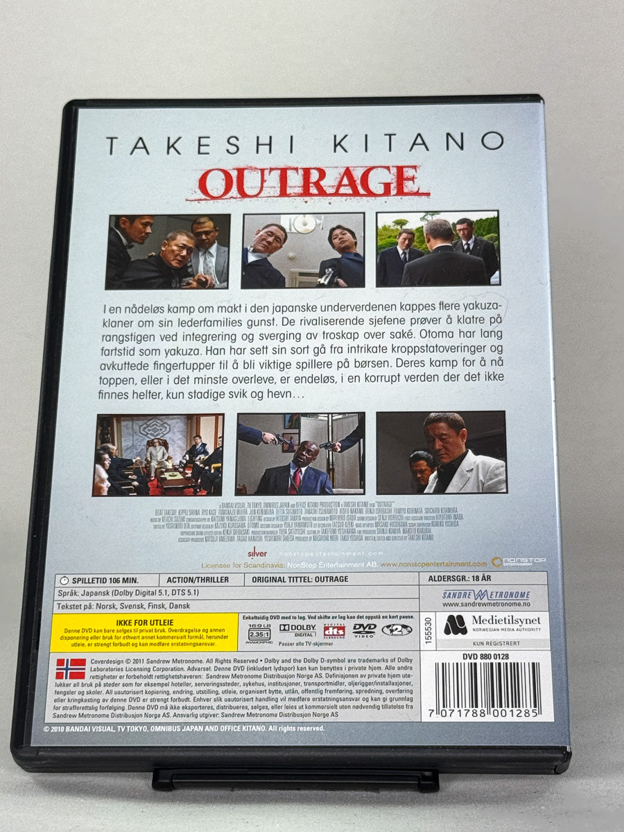 Bakside av DVD-cover til Outrage, bruktfilm hos nettbutikken Brukbar Film