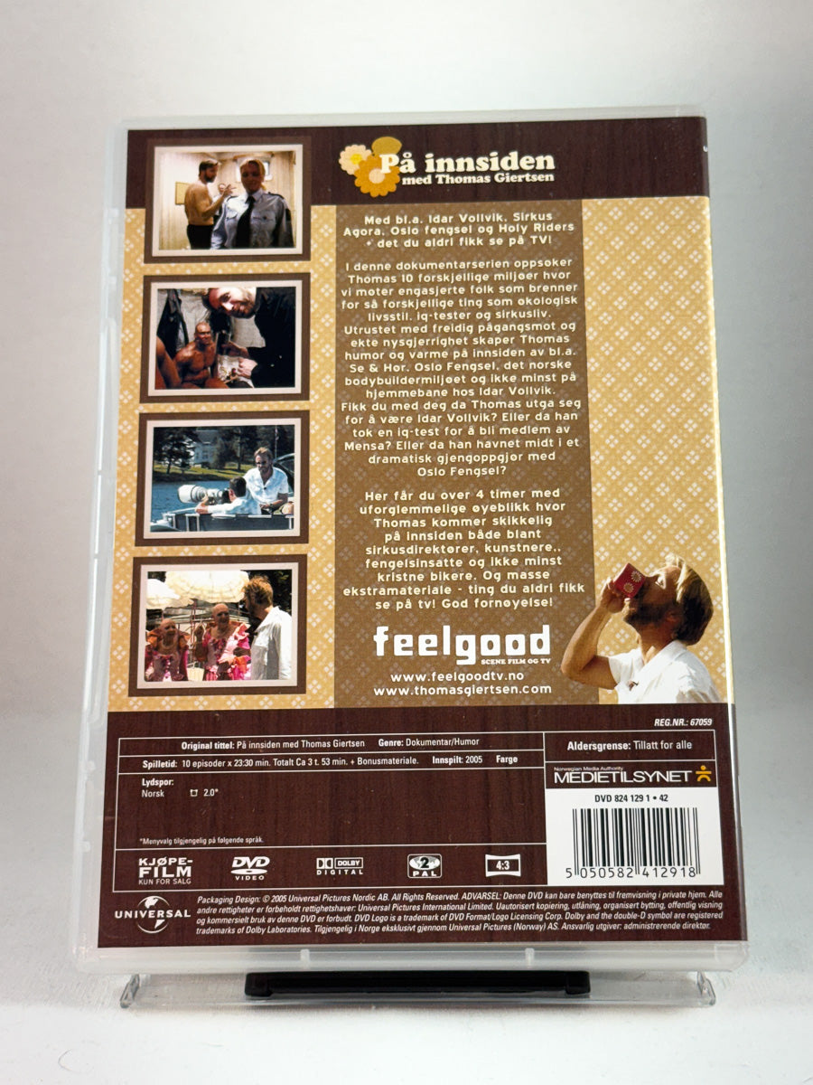 Bakside av DVD-cover til På innsiden med Thomas Giertsen, bilde av innhold og teknisk info fra brukt DVD hos Brukbar Film.