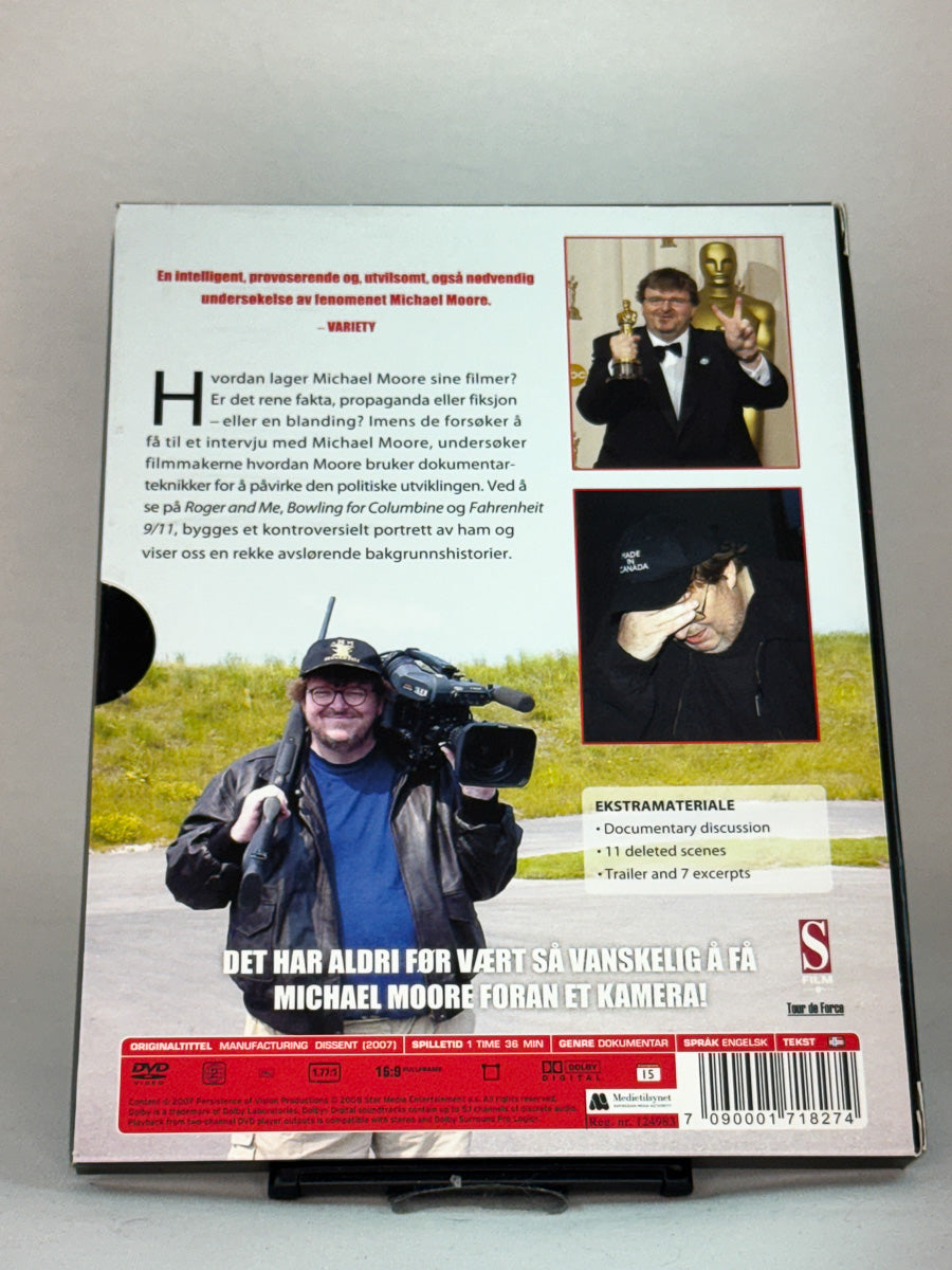 Bakside av DVD-cover til På sporet av Michael Moore, bruktfilm hos nettbutikken Brukbar Film