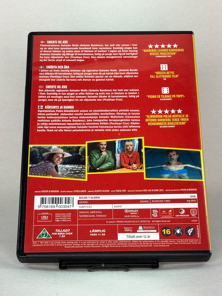 Bakside av DVD-cover til Pain and Glory – Cannes-vinner med dypt personlig historie fra Almodóvar, original brukt DVD-utgave tilgjengelig hos Brukbar Film.