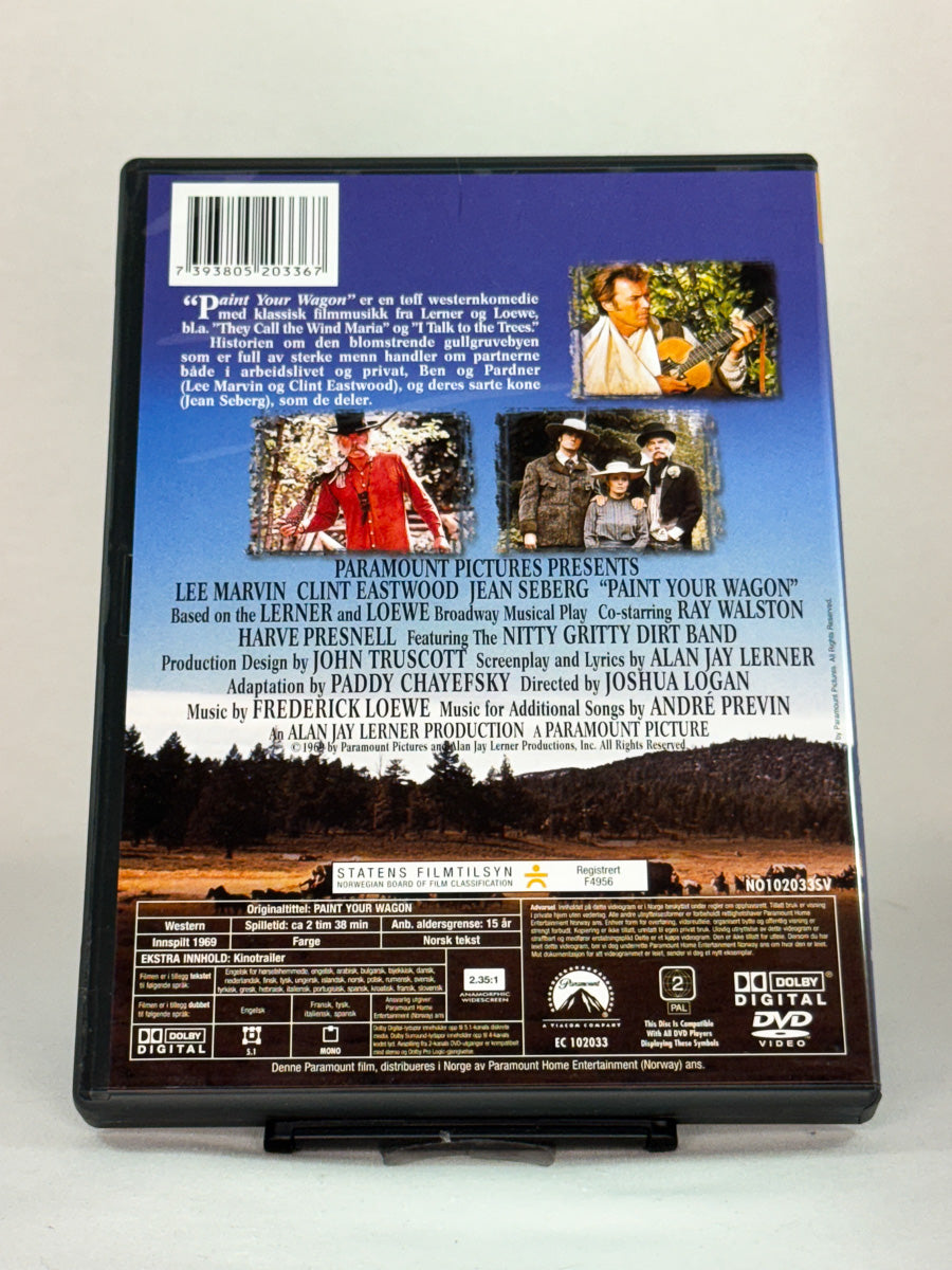 Bakside av DVD-cover for Paint Your Wagon – brukt musikal og westernklassiker på DVD, tilgjengelig hos Brukbar Film.
