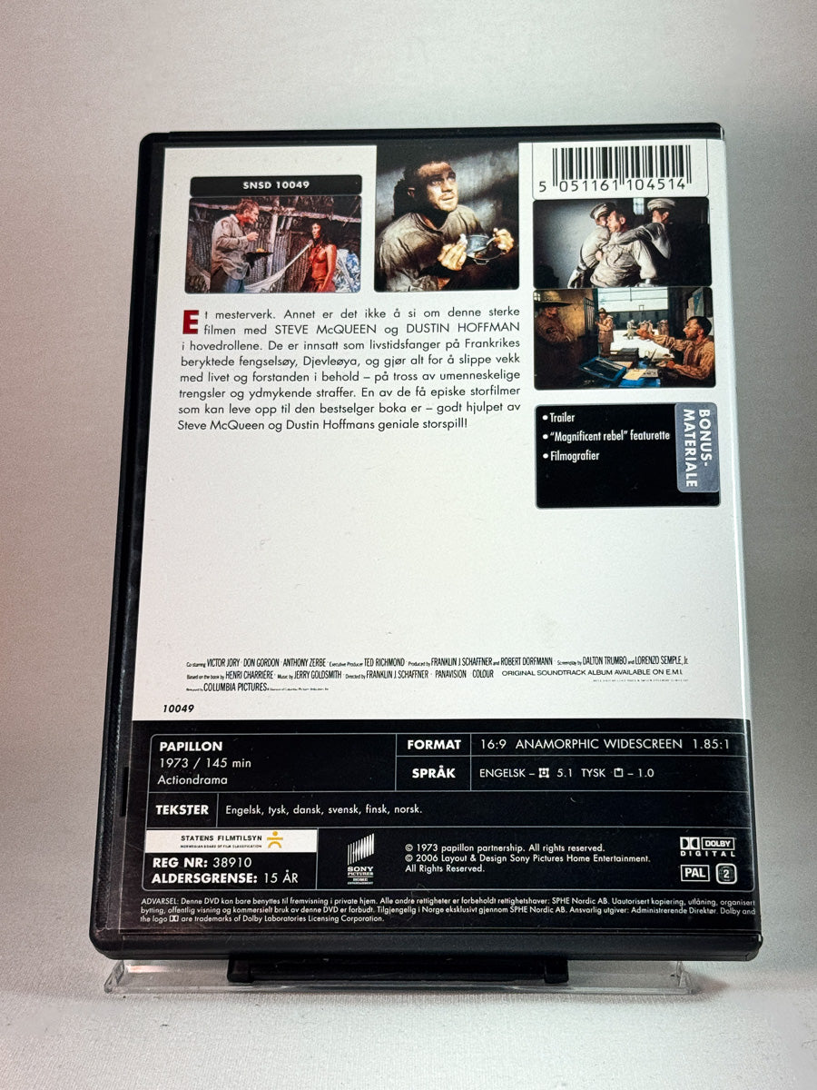 Bakside av cover til Papillon, brukt DVD hos Brukbar Film