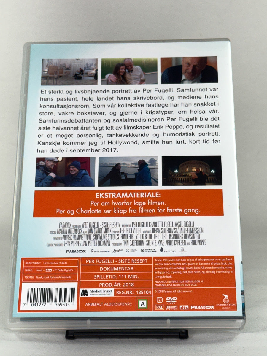 Bakside av DVD-cover til Per Fugelli – Siste resept – beskriver filmens tema om menneskelighet og verdighet, med omtaler fra norsk presse – brukt DVD hos Brukbar Film.