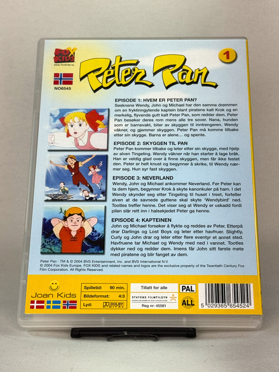 Bakside av DVD-cover til Peter Pan – Episode 1–4 – fire episoder fra den populære serien, norsk tale – brukt DVD for barn og samlere hos Brukbar Film.