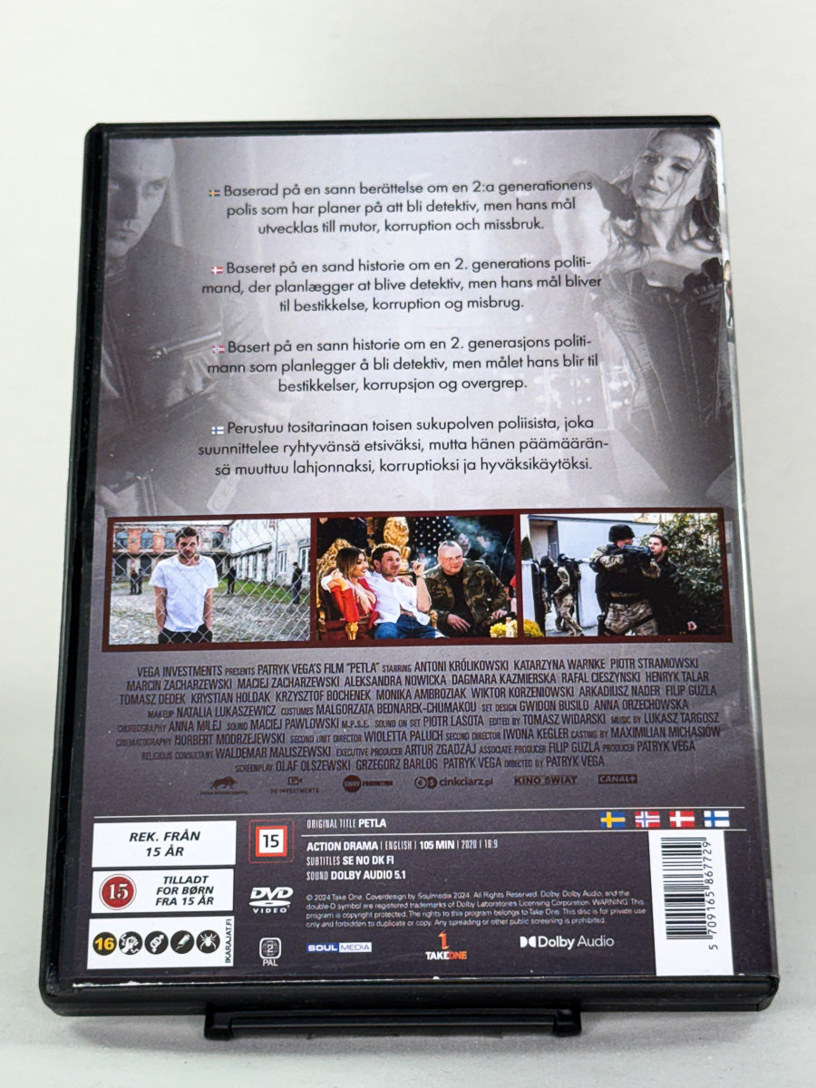 Bakside av DVD-cover Petla – polsk krimfilm med erotisk preg, brukt utgivelse fra Brukbar Film